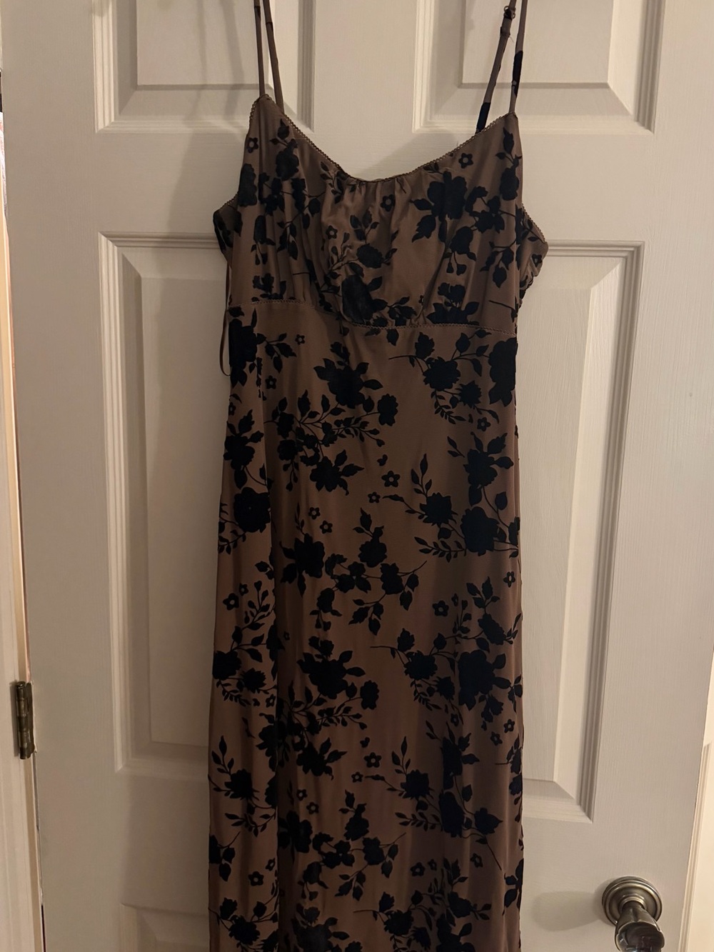 Francesca's Collections Brown Maxi Slip Dress with Black Floral Print